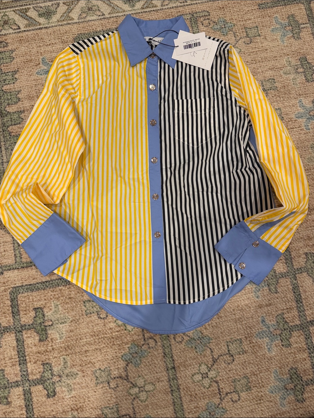 Colorblock Striped Button-Down Shirt - Yellow, Black & Blue